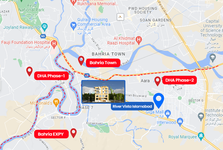 River Vista Islamabad location map shows that it is located in Bahria town phase 7