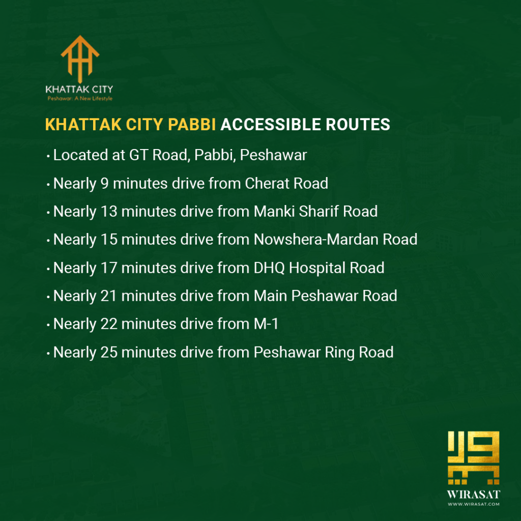 Khattak City Accessible Routes allowing easy access from Cherat Road, Manki sharif road, DHQ hospital road