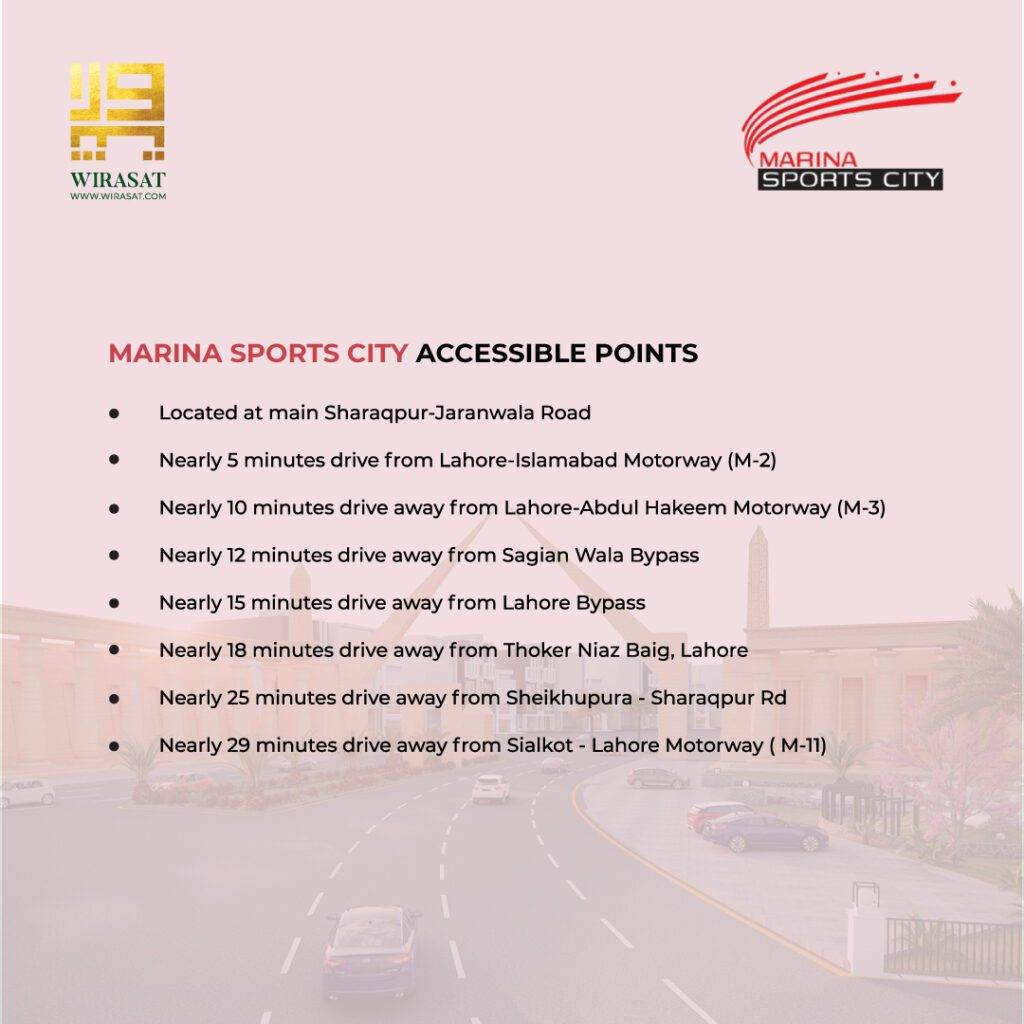 Marina Sports city access points including M-2, M-3, lahore bypass, sialkot-lahore motorway