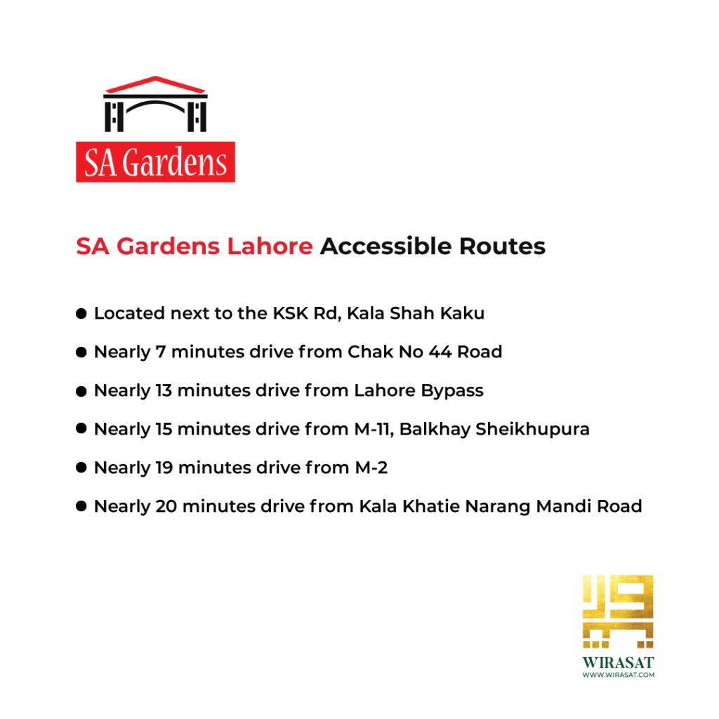 SA Gardens Lahore accessible routes including kala shah kaku, chak no 44 road, lahore bypass