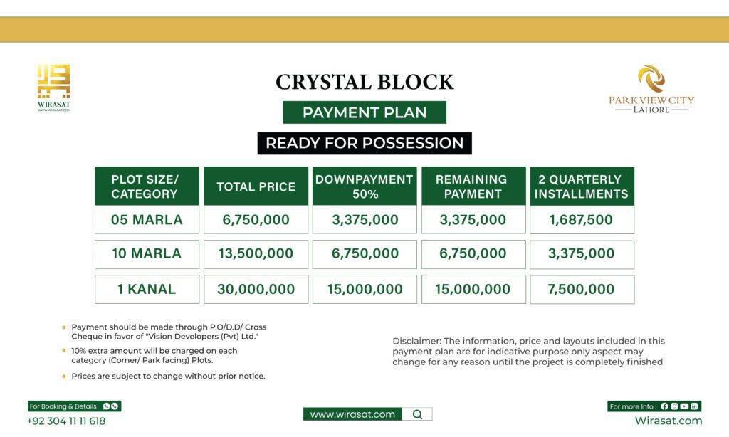 pvc crystal block payment plan offering booking of various sizes of plots at 50% down payment 