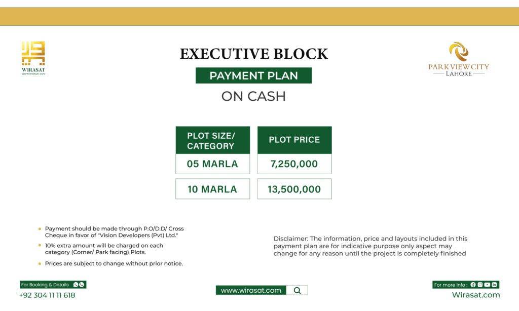 pvc lahore executive block payment plan