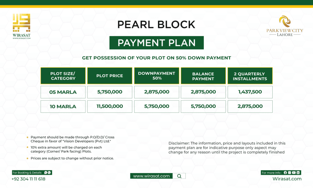 Park View City Lahore Pearl Block Payment Plan offering booking of plots at 50% down payment 