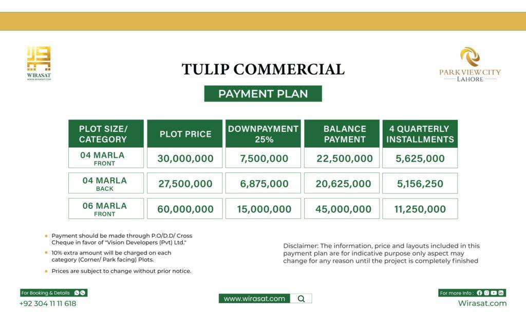 pvc tulip block commercial payment plan offering booking of plots at 25% down payment 