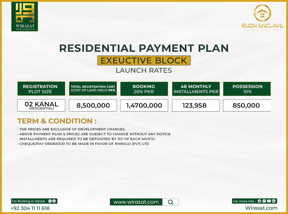 Rudn Enclave Executive Block 2 Kanal Payment Plan